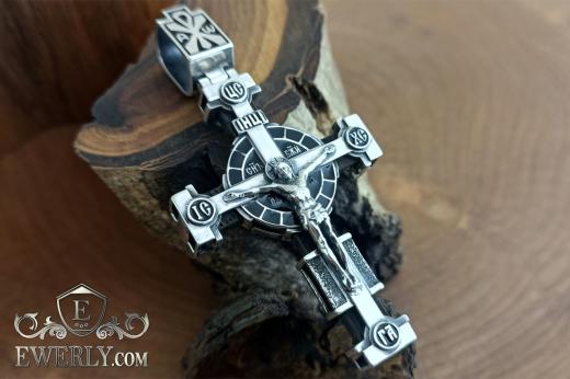 Silver cross with natural wood and black enamel, фото